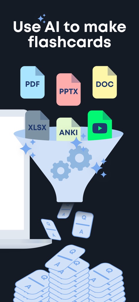 Brainscape - Study Flashcards - Esta imagem ilustra a funcionalidade de criar flashcards a partir de diversos formatos de arquivo, como PDF e PPTX, usando inteligência artificial para otimizar o processo.