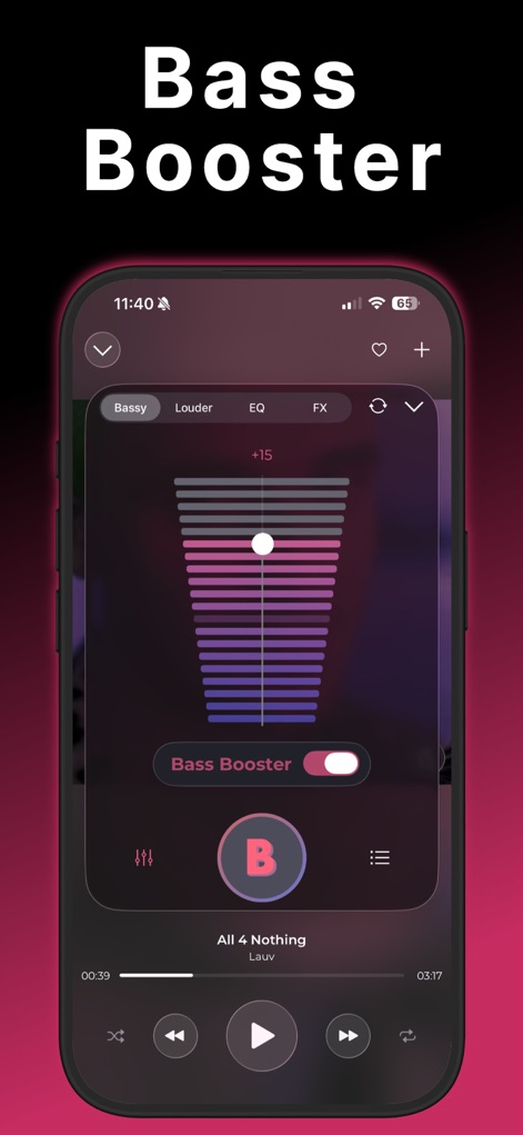 Bass Booster & Music EQ: BASSY - This screenshot showcases the app's powerful bass boosting effect and the intuitive graphical bass level indicator for precise sound adjustments.