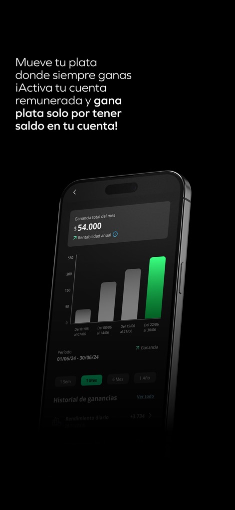 Tenpo: primer neobanco Chile - Observe how the app visualizes financial growth through a clear "Ganancia total del mes" summary and an intuitive bar chart tracking earnings.