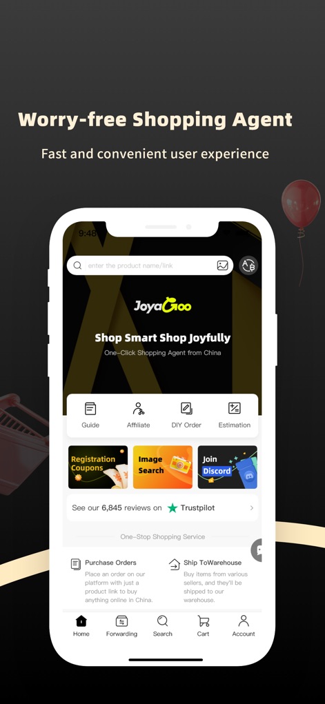 JoyaGoo - Discover the app's clean home screen layout, featuring a prominent search bar and intuitive bottom navigation for easy access to all purchasing services.