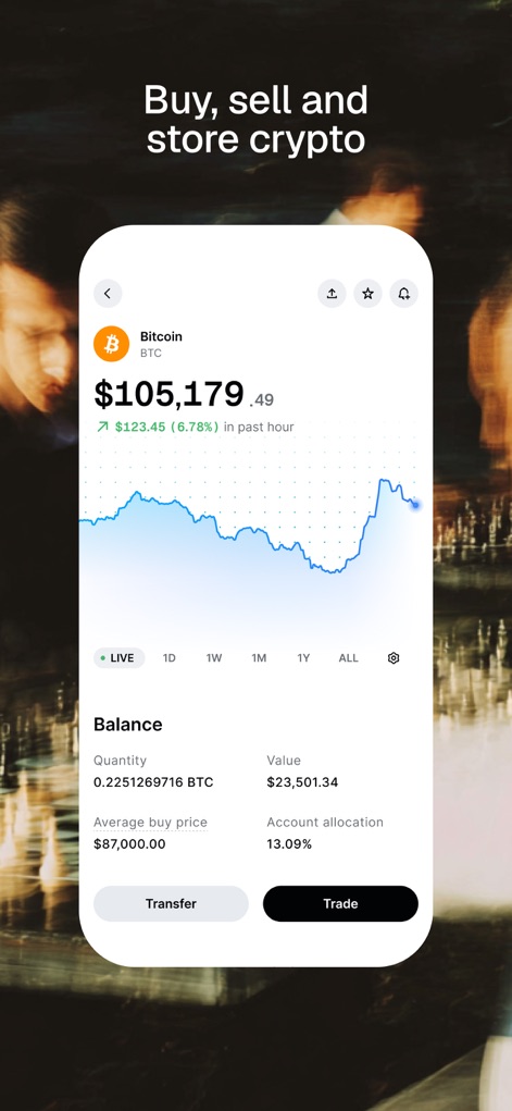 Gemini Markets & Credit Card - 비트코인 현재 가격 및 시간별 변동 차트와 함께, 사용자의 BTC 잔액 및 계정 할당 정보를 명확하게 표시하여 암호화폐를 쉽게 구매, 판매 및 보관할 수 있습니다.