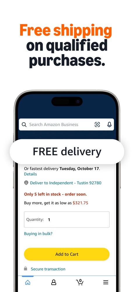 Amazon Business: B2B Shopping App Store screenshot 3, headline “Free shipping on qualified purchases.”. Leads with price.