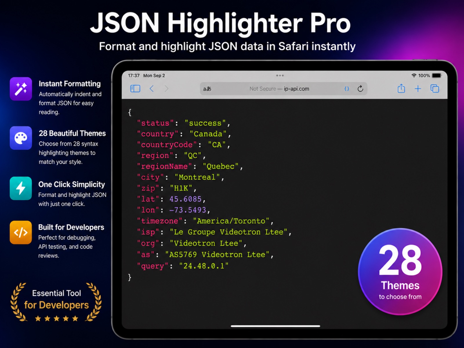 JSON Highlight Pro for Safari ipad screenshot 1