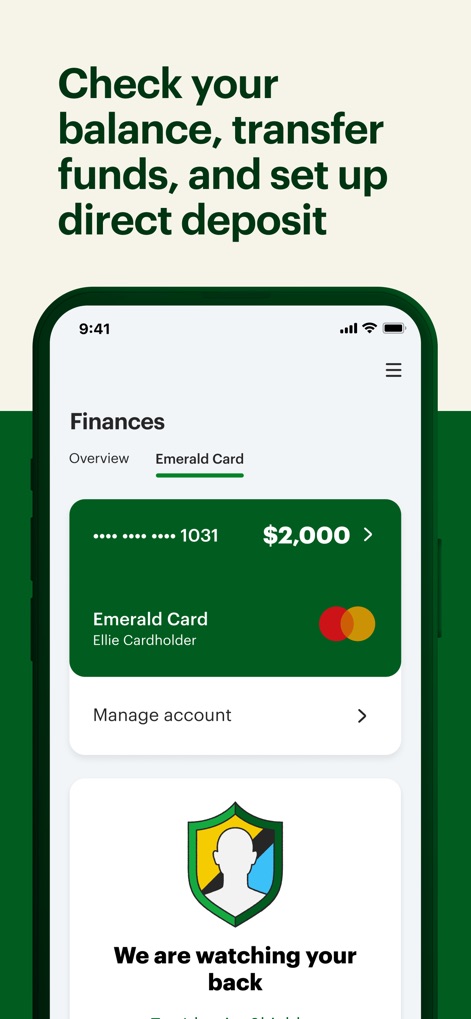 MyBlock: Tax Docs & Refund - The app enables users to manage their finances, providing a clear overview of their 'Emerald Card' balance and a direct link to 'Manage account' settings.