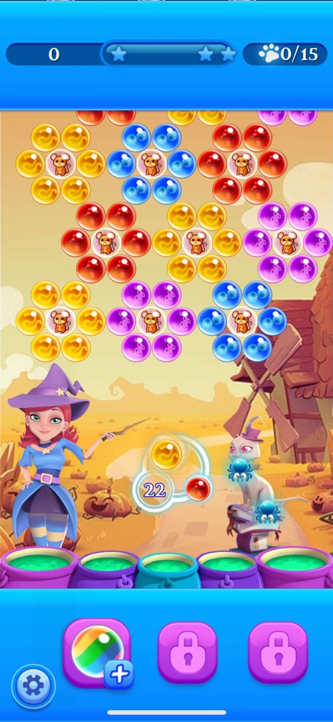 Bubble Witch 2 Saga - Encounter charming special bubble variations, such as the adorable teddy bear bubbles, as Stella and her feline companion guide players through the level.
