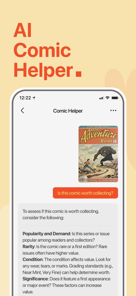 ComicSnap: Identify Comic Book - The "Comic Helper" offers AI-driven insights into a comic's value factors, such as popularity and condition, to inform collecting decisions.
