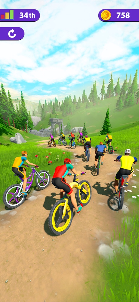 BMX Bike Rider - Bicycle Games - Una vista dinámica del pelotón en plena competencia revela la diversidad de ciclistas y los entornos montañosos detallados que sirven de telón de fondo.