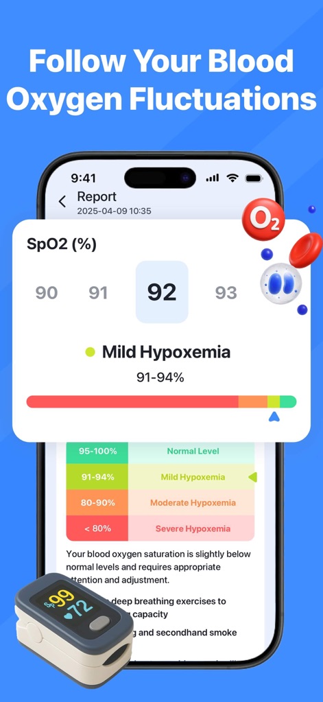 VitalBeat: Blood Sugar Tracker - La herramienta proporciona un reporte de saturación de oxígeno (SpO2) con un valor numérico destacado (X) y una tabla de referencia con rangos de hipoxemia (Y).