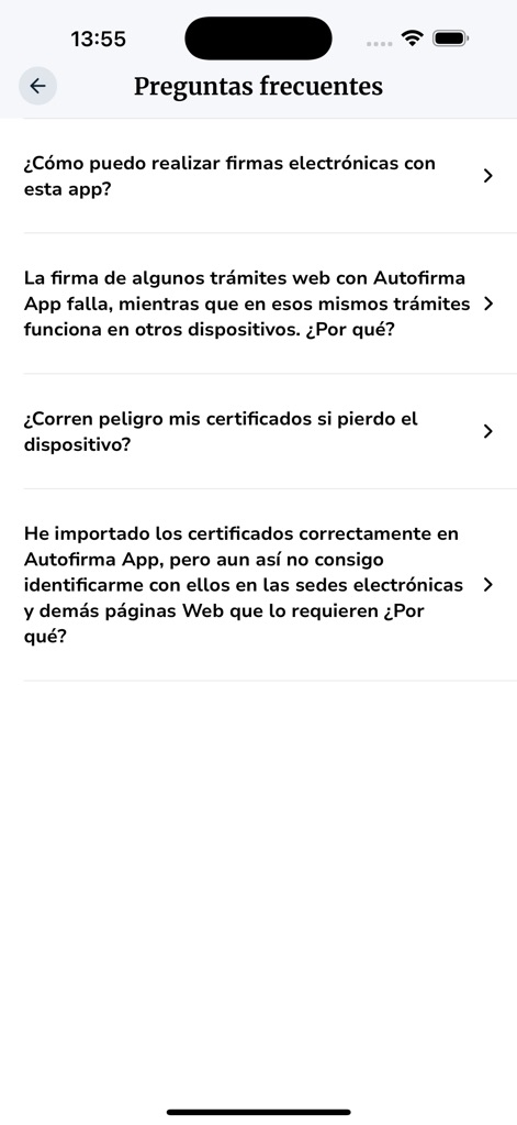 Autofirma App - Users can access comprehensive support through a list of 'Frequent questions' with expandable arrow icons for easy navigation and troubleshooting.