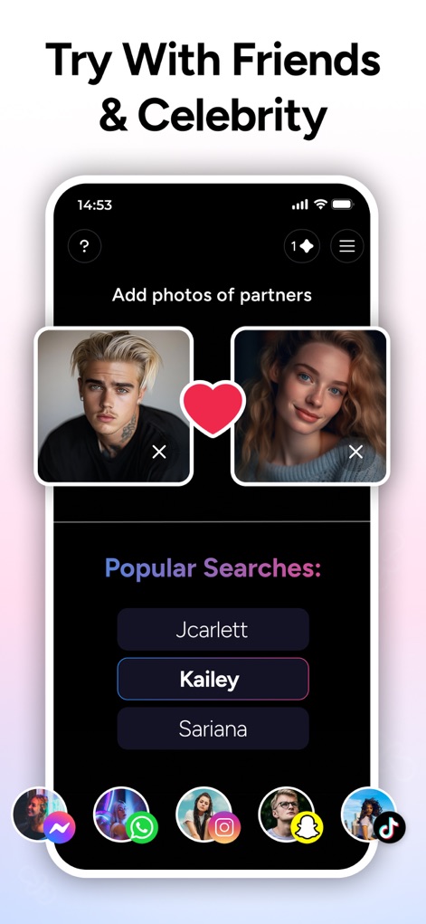 AI Baby Generator - TinyFaces - The app allows users to upload photos of two partners or celebrities, facilitating 'Popular Searches' for celebrity names and easy social media sharing.