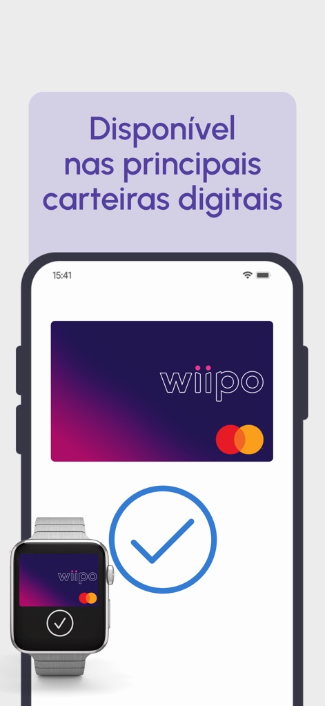 wiipo - O cartão Wiipo é compatível com as principais carteiras digitais, exibindo a integração com um smartwatch e o cartão digital.