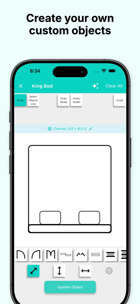 DrawPlan - Users are empowered to design and save personalized objects, exemplified by the adjustable king bed and various drawing tools.