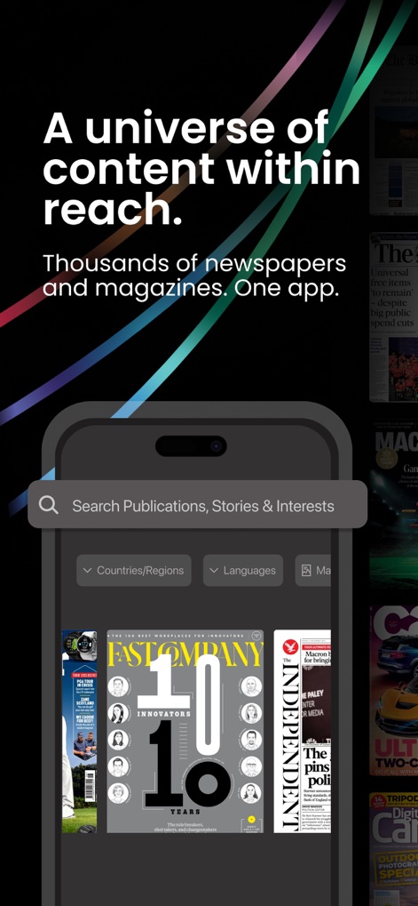 PressReader: News & Magazines - This tool provides a comprehensive search bar for publications and stories, alongside a visually rich display of diverse magazine covers, showcasing its extensive content library.