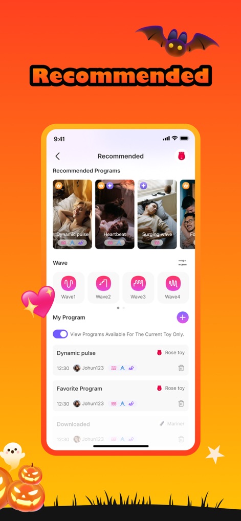 Joyhub - This interface presents a curated selection of recommended programs like 'Dynamic pulse' and allows users to explore various 'Wave' patterns for personalized pleasure.