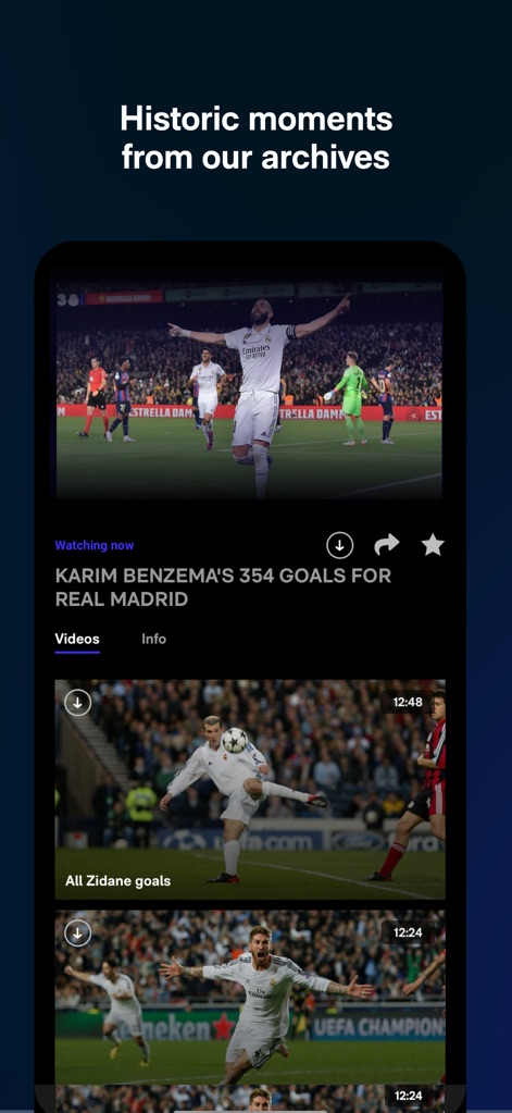 RM Play - Los madridistas tienen acceso a un extenso archivo de goles históricos de sus leyendas y la posibilidad de explorar vídeos relacionados para revivir momentos icónicos.