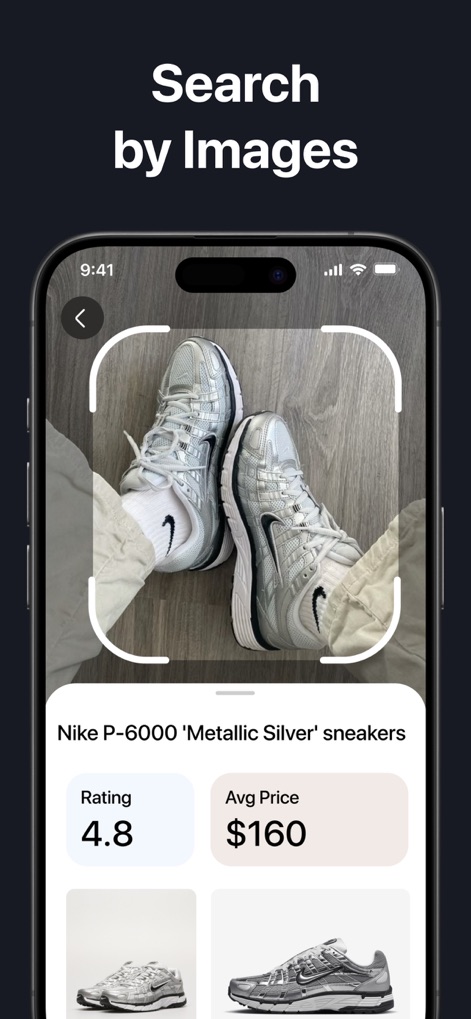Lens: Reverse Image Search - ユーザーは画像をアップロードすることで、スニーカーの製品名や評価を瞬時に取得し、平均価格も確認できるため、ショッピングや情報収集に役立ちます。