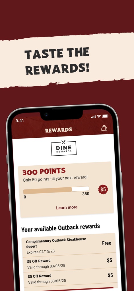 Outback Steakhouse - The app clearly displays accumulated "Dine Rewards" points and lists "available Outback rewards," allowing users to effortlessly manage and apply their benefits.