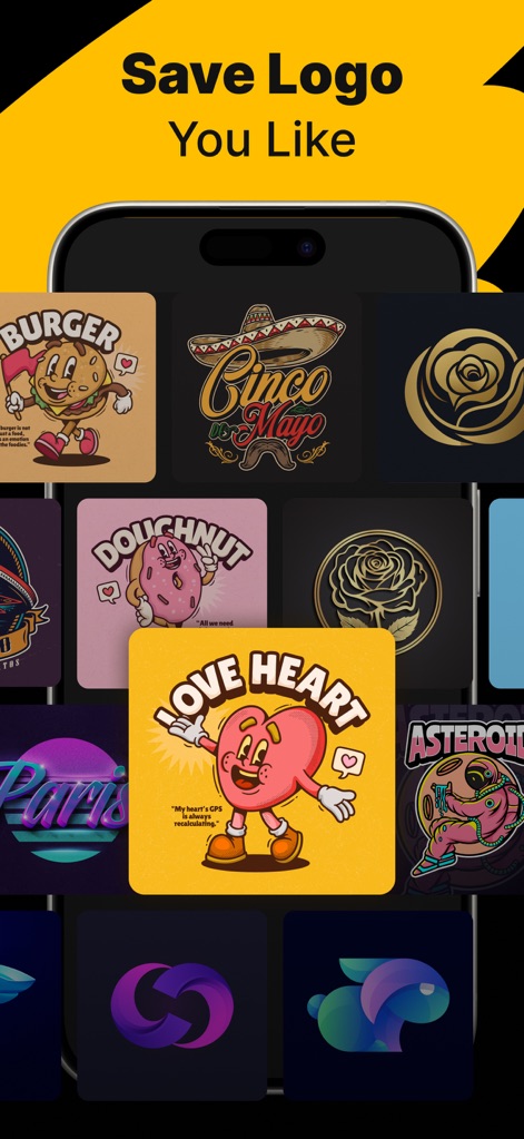 Logo Maker - AI Art Design - Questa galleria mostra una ricca collezione di loghi, inclusi esempi creativi come il logo "LOVE HEART" e quello del "burger", fornendo un'ampia ispirazione per il design.