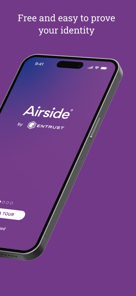 Airside Digital Identity - This introductory screen highlights the app's promise of 'Free and easy to prove your identity' and provides an option for users to 'Start a Tour' of its features.