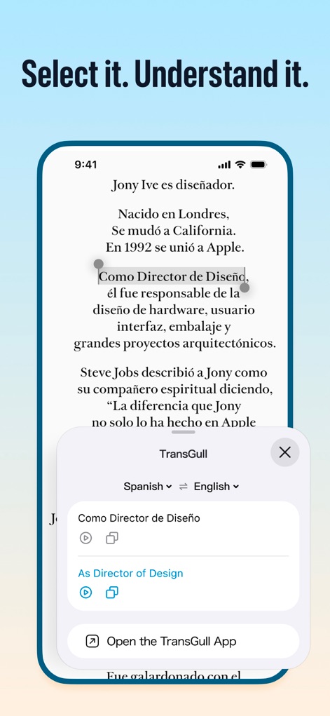 TransGull - AI Live Translator - Os usuários podem selecionar qualquer texto em seu dispositivo para obter uma tradução rápida, como demonstrado pela seleção de um trecho em espanhol e a caixa de diálogo pop-up com a tradução em inglês.
