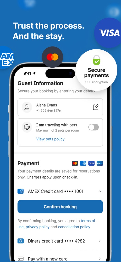 Motel 6: Book Hotels,My6 Deals - The booking process is streamlined and secure, featuring an intuitive guest information form with a 'Secure payments' SSL encryption badge and multiple payment card options.
