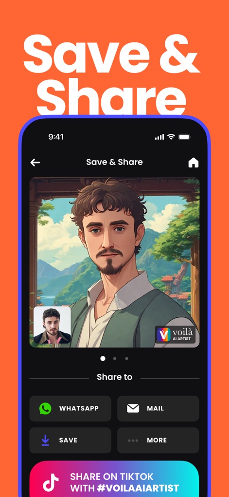 Voilà AI Artist Cartoon Filter - This view highlights the user-friendly "Save & Share" interface, allowing effortless distribution of creations through platforms like WhatsApp and direct integration for sharing on TikTok.