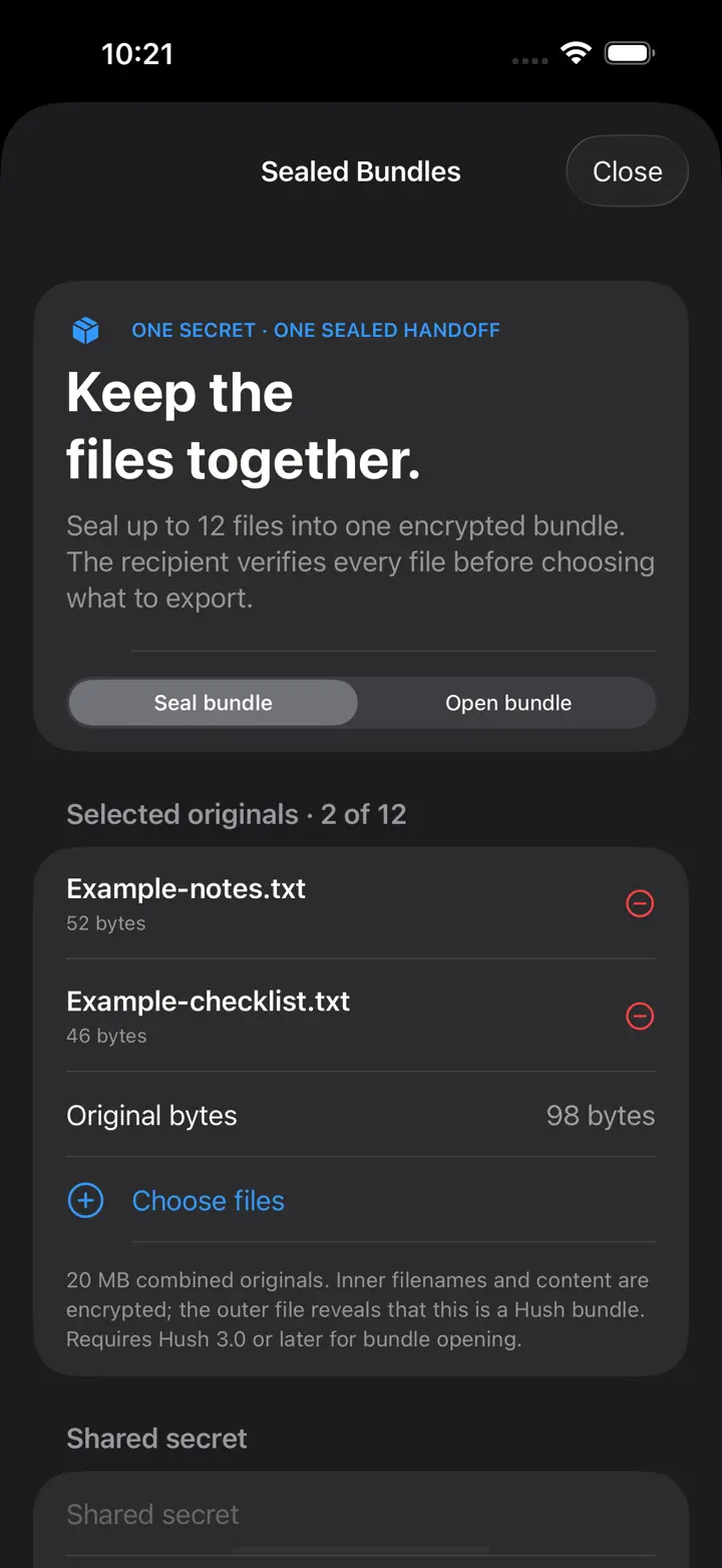 Hush Secret Text: Encryption iPhone 6.7" screenshot 1: Seal several files together
