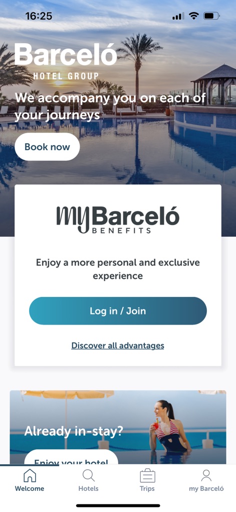 Barceló Hotel Group - Die Startseite präsentiert die My Barceló Benefits-Mitgliedschaft und ermöglicht über die Schaltfläche 'Jetzt buchen' eine direkte Hotelbuchung.