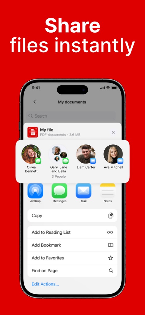 Converter & Editor: PDF Expert - このアプリは、作成または編集したファイルをAirDropやメッセージで迅速に共有する機能と、メールやメモアプリに添付して共有できる機能を提供し、円滑な情報伝達と共同作業をサポートします。