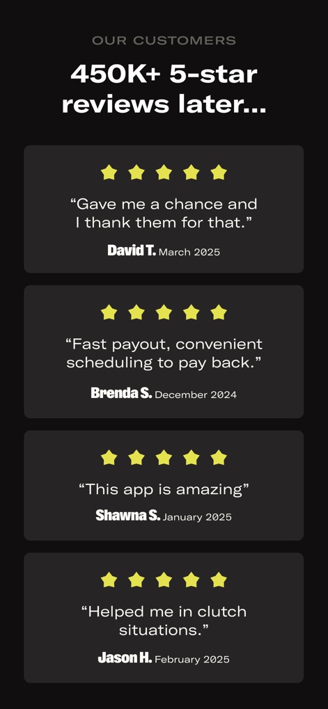 Tilt: Cash Advance & Credit - Cette section met en lumière la satisfaction des utilisateurs avec plus de 450 000 avis 5 étoiles, présentant des témoignages concrets comme celui de David T. et Brenda S., qui soulignent les avantages de l'application.