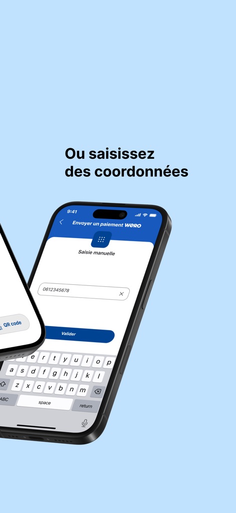 Crédit Mutuel Pay virements - See the manual input screen, offering a clear field for entering contact details and an on-screen keyboard for easy typing.