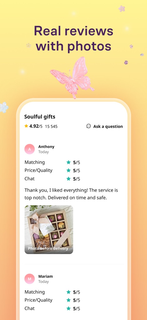Flowwow: Flower Marketplace - The platform builds confidence through a robust system of 'Real reviews with photos', providing star ratings and detailed comments from other customers.
