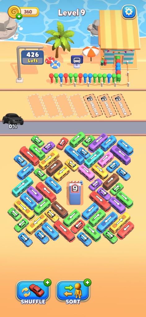 Bus Mania - Car Parking Jam - O aplicativo exibe um desafio de estacionamento detalhado no 'Level 9' com um tema de praia, apresentando um grande número de veículos e um obstáculo central numerado para complexidade adicional.