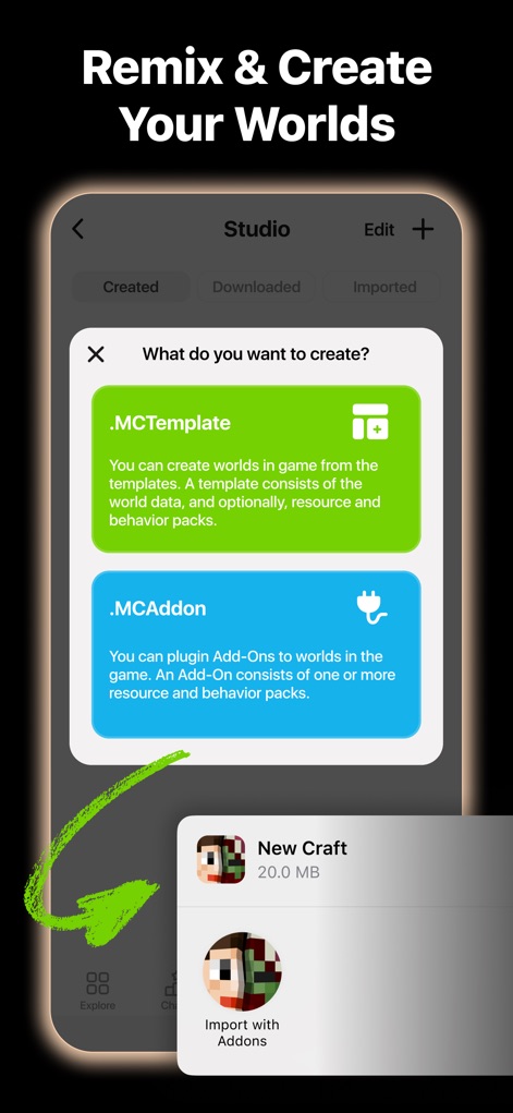 Addons for Minecraft - The "Studio" empowers users to "Remix & Create Your Worlds" by offering clear options to generate new ".MCtemplate" worlds or plugin-ready ".MCAddon" content.