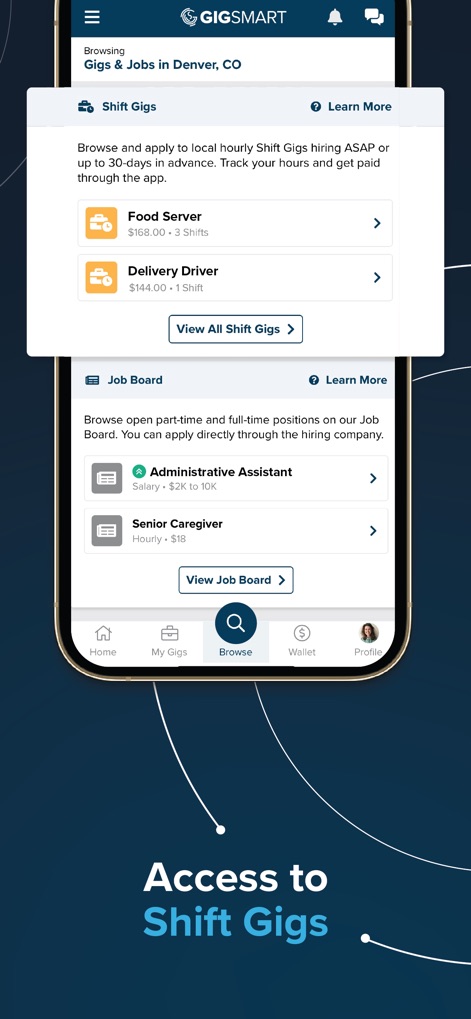 GigSmart Get Gigs - L'applicazione offre un accesso diretto ai "Shift Gigs", dove si possono visualizzare ruoli come "Food Server" con guadagni e la possibilità di applicare rapidamente per turni flessibili.