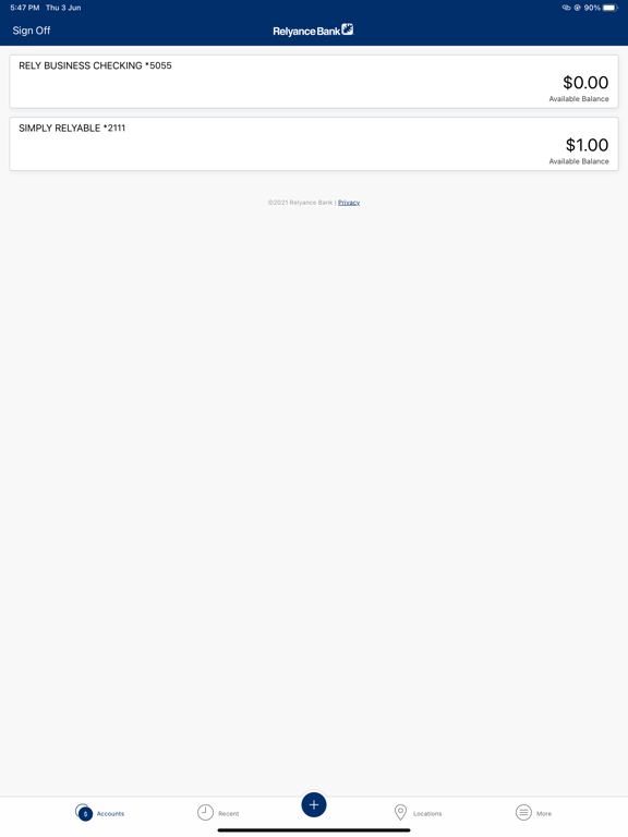Relyance Bank iPad screenshot 1 - Finance app
