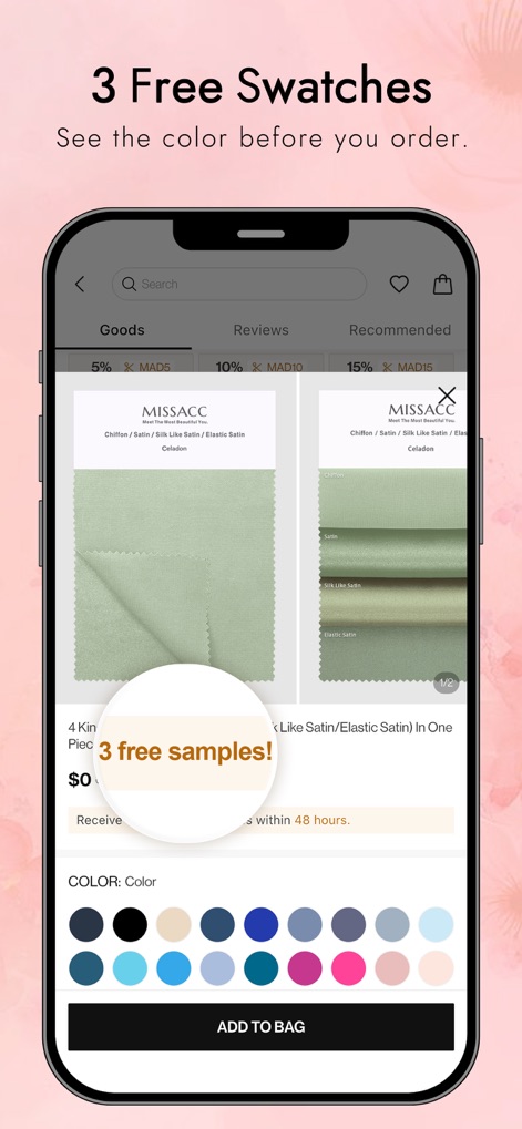 MISSACC: Bridal & Prom Dresses - Nutzer profitieren von '3 Free Swatches', die es ermöglichen, Stoffqualitäten wie 'Chiffon' und 'Satin' physisch zu prüfen, bevor eine endgültige Kaufentscheidung getroffen wird.