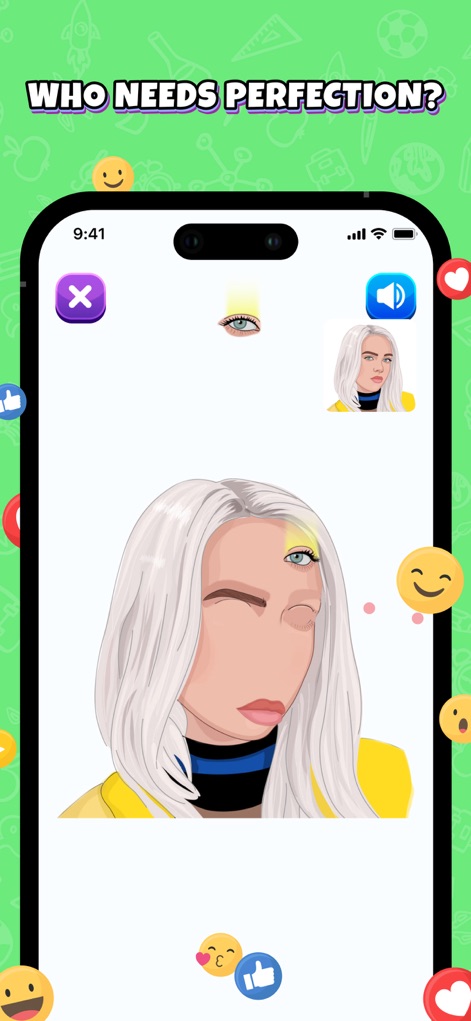Face Mash: Funny Mix Challenge - Esta herramienta permite a los usuarios divertirse con combinaciones inusuales, como un ojo extra cayendo sobre el rostro de un personaje similar a Billie Eilish, destacando la libertad creativa de la aplicación.