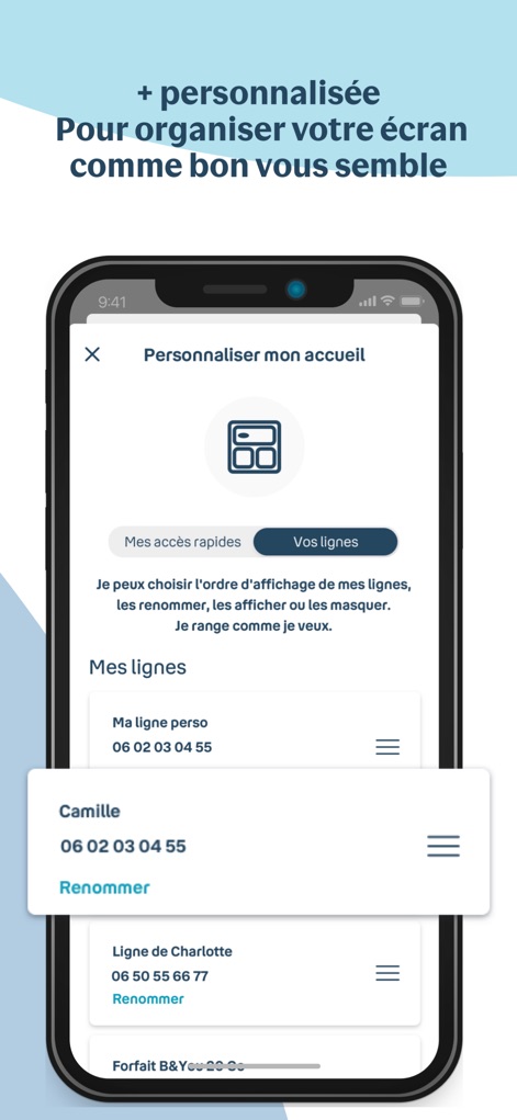 Bouygues Telecom - Cet outil offre une personnalisation avancée de l'écran d'accueil, permettant aux utilisateurs d'organiser leurs lignes et d'éditer la section des accès rapides selon leurs préférences.