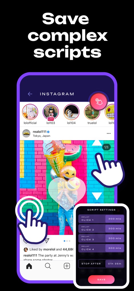AutoClicker - Auto Scroll: OP - Gli utenti possono creare e salvare script complessi, visibili nella finestra 'SCRIPT SETTINGS' con i tempi di ritardo, per automatizzare interazioni come lo scorrimento e i 'like' su piattaforme social.