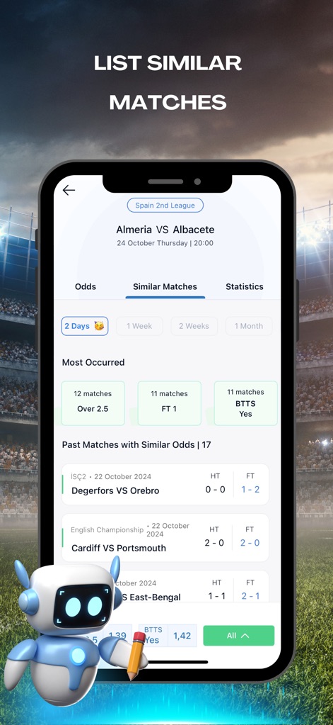 TipsPro AI: Match Prediction - Découvrez des correspondances historiques aux cotes similaires, où l'application met en évidence les occurrences les plus fréquentes comme le "Over 2.5" ou le "BTTS Yes" pour éclairer les décisions.