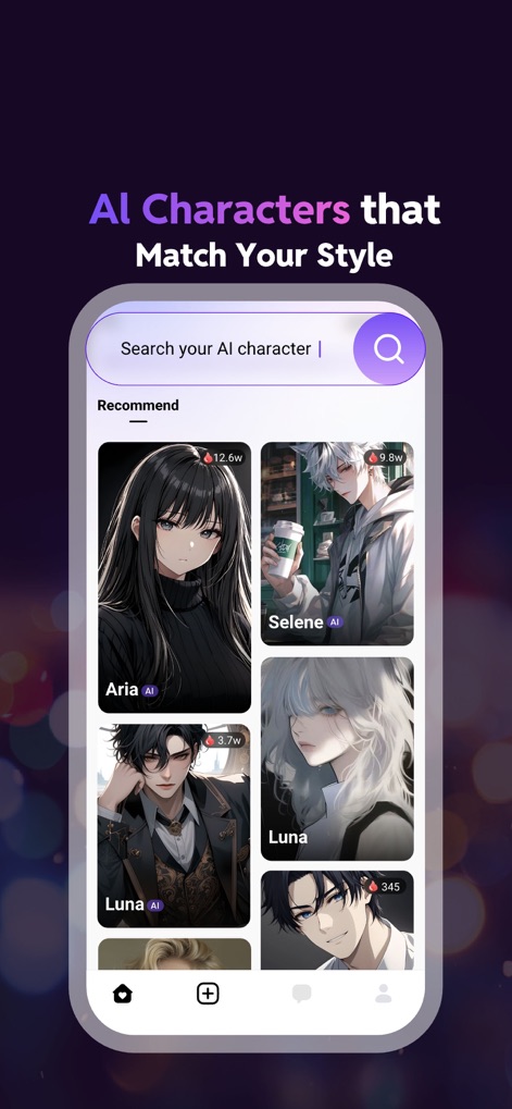 Linky AI: AI Chat&Char Maker - This screen showcases the intuitive character gallery, allowing users to browse diverse AI personalities, and features a prominent search bar for effortless discovery of their ideal companion.