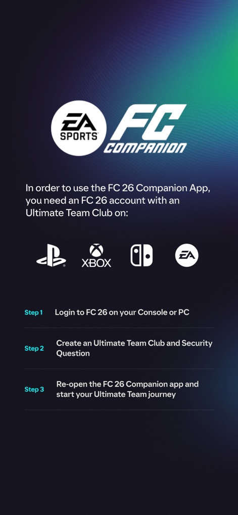 EA SPORTS FC™ 26 Companion - La aplicación detalla los pasos para conectar la cuenta, mostrando las compatibilidades con consolas como PlayStation y Xbox, y las instrucciones claras para configurar el Ultimate Team Club.