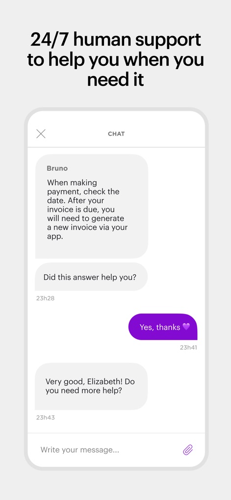 Nu - This interface demonstrates the app's integrated 24/7 human support chat feature and clearly timestamped messages for efficient communication.
