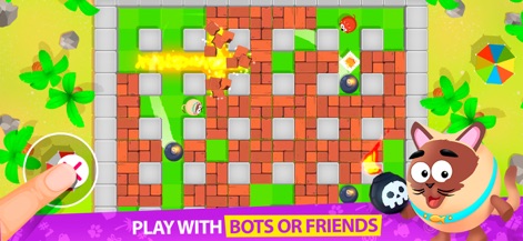 2 3 4 Player Party Mini Games - La aplicación presenta un desafiante minijuego tipo laberinto donde la estrategia es clave, ideal para jugar solo o acompañado. Se visualiza claramente la cuadrícula del laberinto con elementos destructibles y el distintivo personaje del gato Siamés que observa la acción.