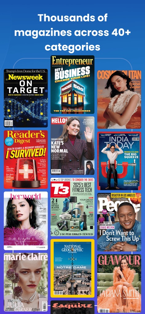 Magzter: Magazines, Newspapers - Explore the app's impressive array of magazine covers spanning "40+ exciting categories," from fashion to technology, offering a truly diverse reading experience.