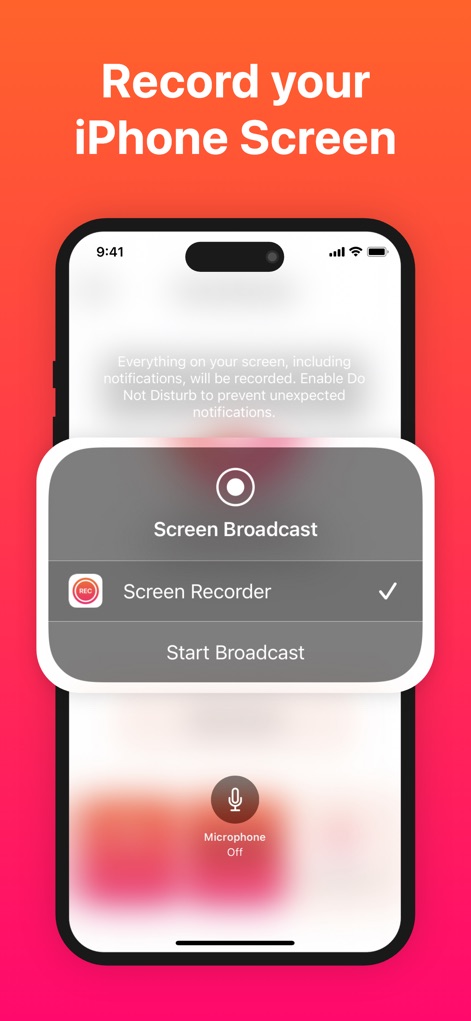 Screen Recorder with Audio - Los usuarios pueden iniciar rápidamente la grabación de pantalla desde un menú flotante, eligiendo la opción de grabar pantalla y gestionando el micrófono con un toque.