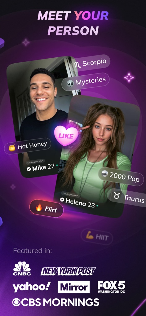 Flirtini - Match, Chat, Flirt - Users can explore potential connections through dynamic profile cards, featuring key interest tags and the distinct "LIKE" and "Flirt" interaction buttons.