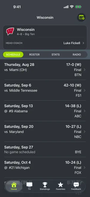 Wisconsin Football Schedules screenshot 1