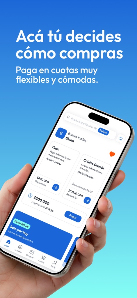 Addi Shop - Compra a cuotas - Observe how the app presents both standard and "Crédito Grande" financing, allowing users to choose payment periods from quick installments to up to 24 months.